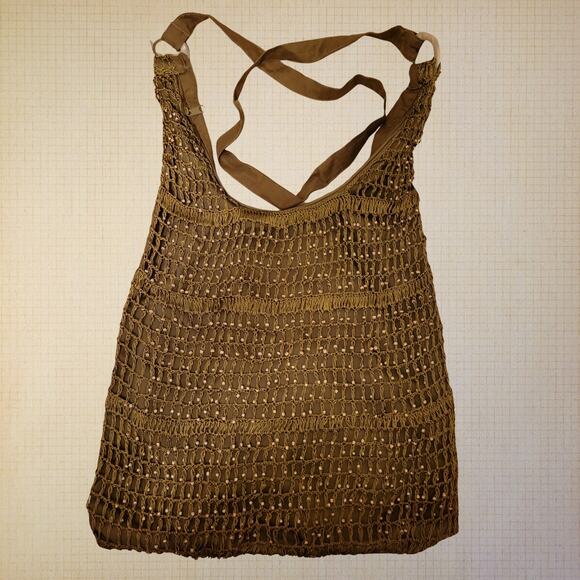 Beaded Crochet Shoulder Cross-body Bag Boho Brown Woven Tote - Picture 1 of 6
